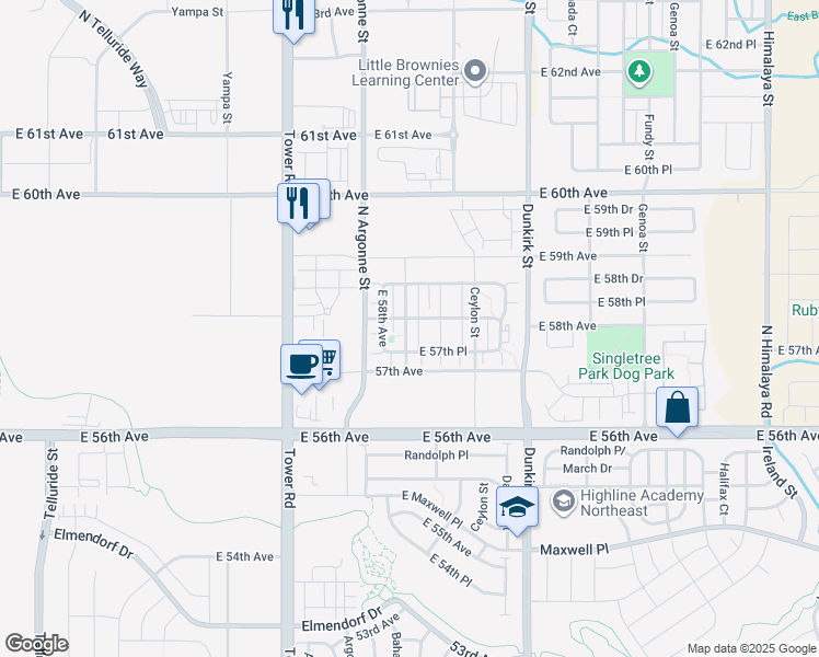 map of restaurants, bars, coffee shops, grocery stores, and more near 5764 Biscay Street in Denver