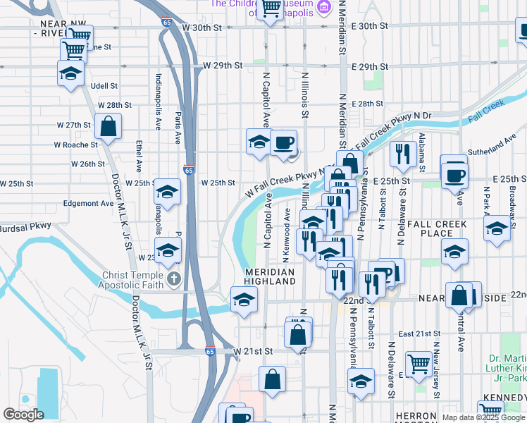 map of restaurants, bars, coffee shops, grocery stores, and more near 2408 North Capitol Avenue in Indianapolis