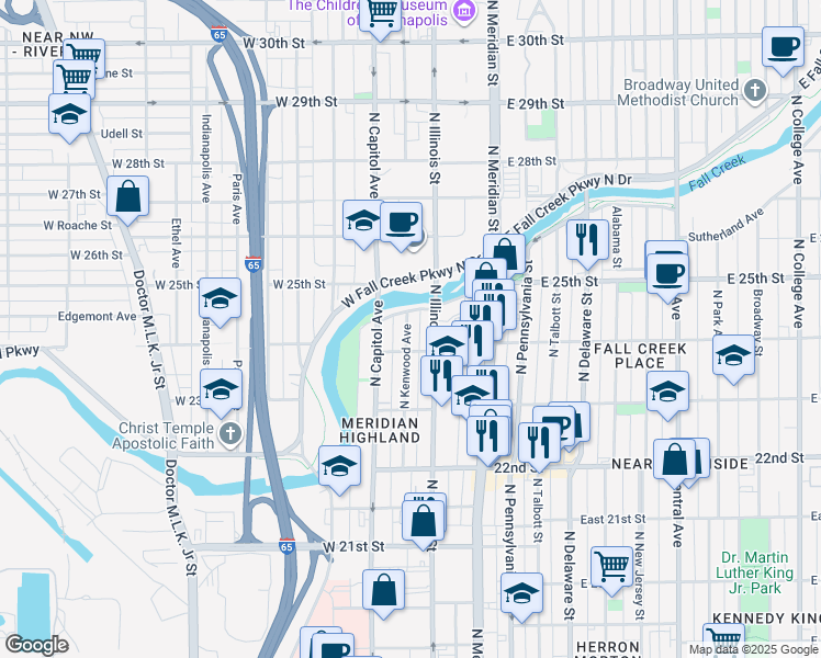map of restaurants, bars, coffee shops, grocery stores, and more near 2401 North Kenwood Avenue in Indianapolis