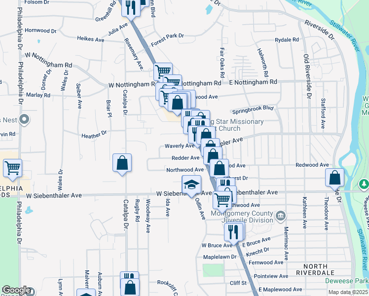 map of restaurants, bars, coffee shops, grocery stores, and more near 34 Waverly Avenue in Dayton