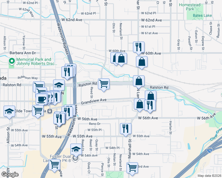 map of restaurants, bars, coffee shops, grocery stores, and more near 6711 Grandview Avenue in Arvada