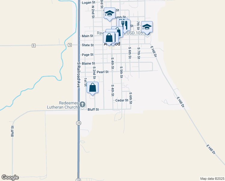 map of restaurants, bars, coffee shops, grocery stores, and more near 695 South 4th Street in Atwood