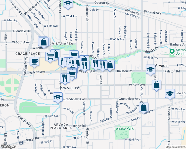 map of restaurants, bars, coffee shops, grocery stores, and more near 5747 Falk Court in Arvada