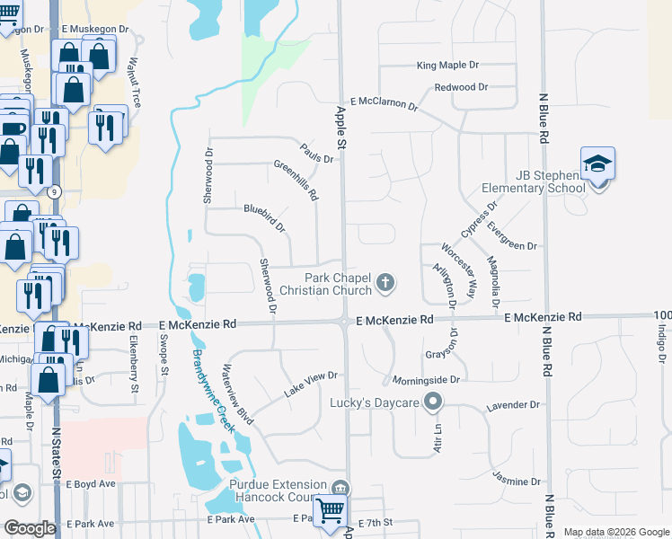 map of restaurants, bars, coffee shops, grocery stores, and more near 9 Marywood Drive in Greenfield
