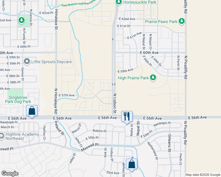 map of restaurants, bars, coffee shops, grocery stores, and more near 19343-20899 East 56th Avenue in Denver