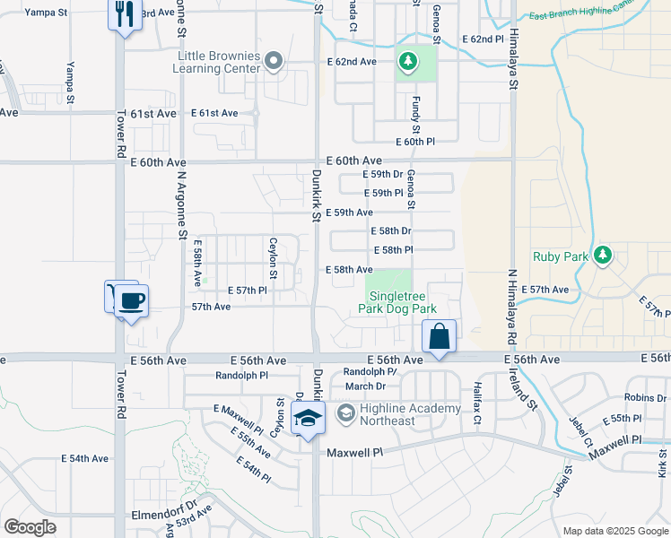 map of restaurants, bars, coffee shops, grocery stores, and more near 19431 East 58th Circle in Aurora