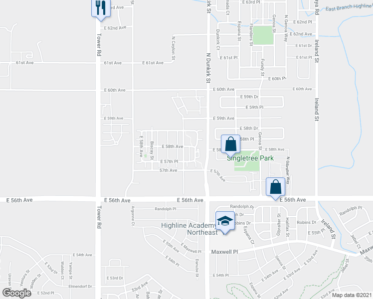 map of restaurants, bars, coffee shops, grocery stores, and more near 5754 Ceylon Street in Denver