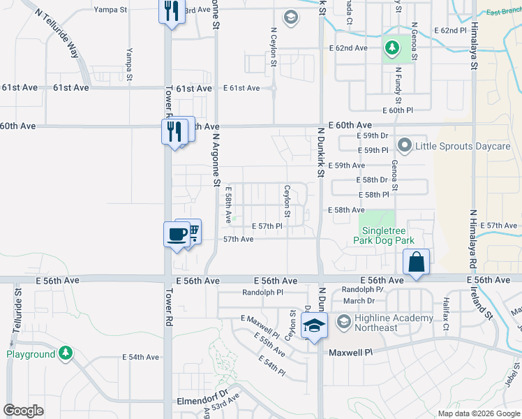 map of restaurants, bars, coffee shops, grocery stores, and more near 19017 East 57th Place in Denver