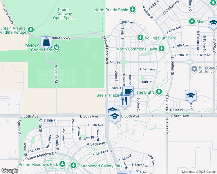 map of restaurants, bars, coffee shops, grocery stores, and more near 8920 58th Avenue in Denver