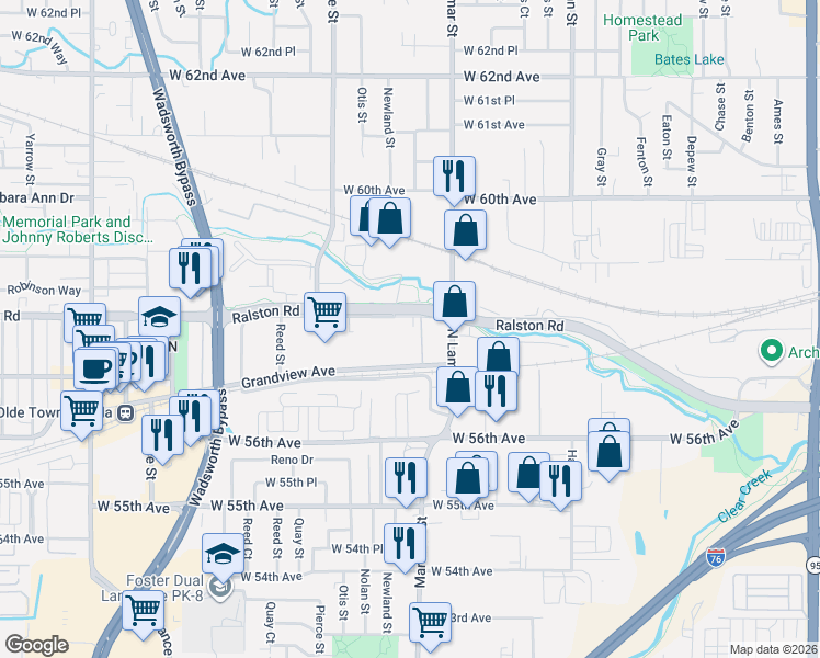 map of restaurants, bars, coffee shops, grocery stores, and more near 6505 Grandview Avenue in Arvada