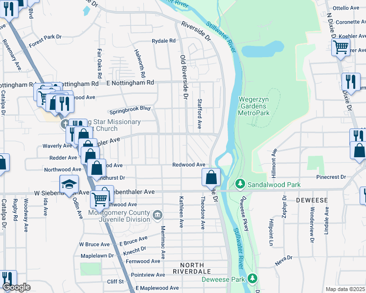 map of restaurants, bars, coffee shops, grocery stores, and more near 3819 Carroll Avenue in Dayton