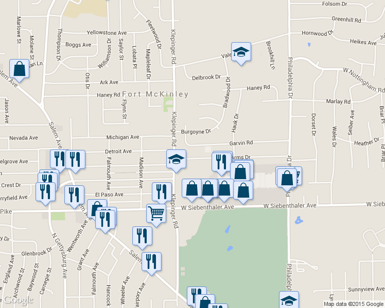 map of restaurants, bars, coffee shops, grocery stores, and more near 3400 Valerie Arms Drive in Dayton