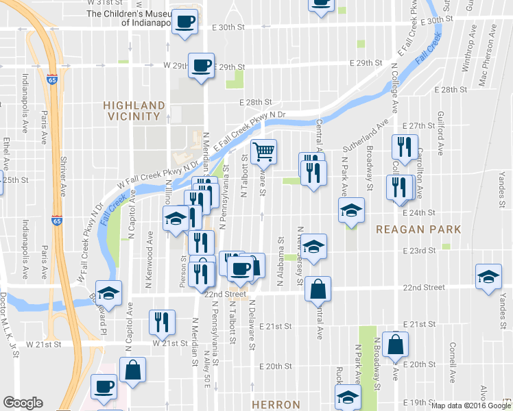 map of restaurants, bars, coffee shops, grocery stores, and more near 2363 North Talbott Street in Indianapolis