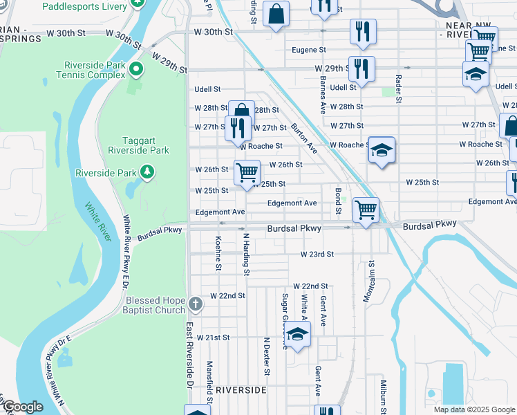 map of restaurants, bars, coffee shops, grocery stores, and more near 1350 Burdsal Parkway in Indianapolis