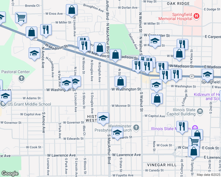 map of restaurants, bars, coffee shops, grocery stores, and more near 102 North MacArthur Boulevard in Springfield