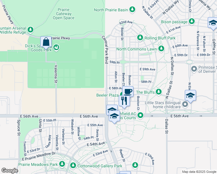 map of restaurants, bars, coffee shops, grocery stores, and more near 5802 Central Park Boulevard in Denver