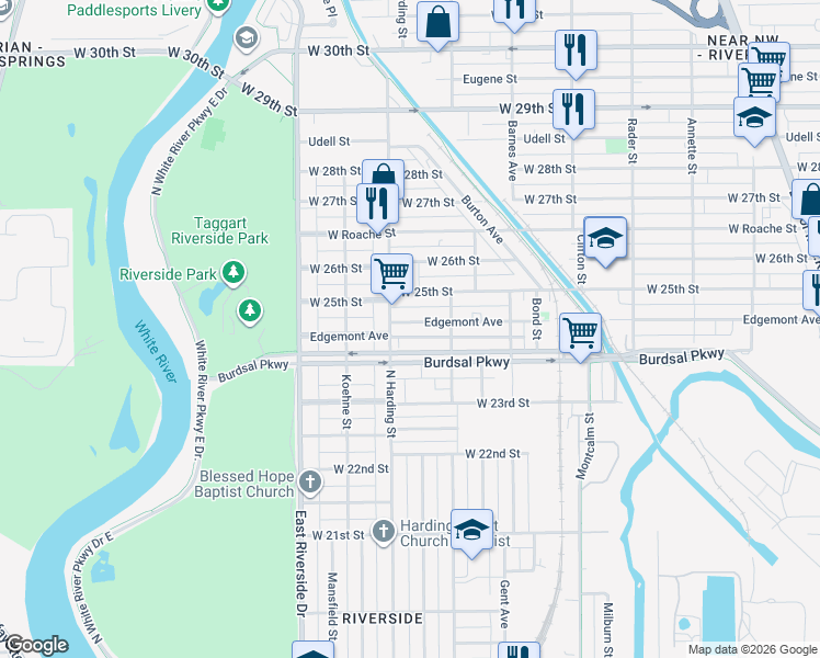 map of restaurants, bars, coffee shops, grocery stores, and more near 1350 Burdsal Parkway in Indianapolis