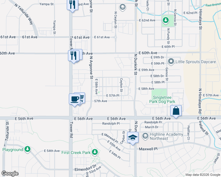 map of restaurants, bars, coffee shops, grocery stores, and more near 19017 East 57th Place in Denver
