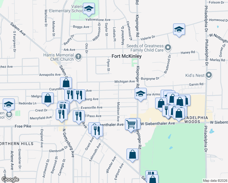 map of restaurants, bars, coffee shops, grocery stores, and more near 3601 Pittsburg Avenue in Dayton