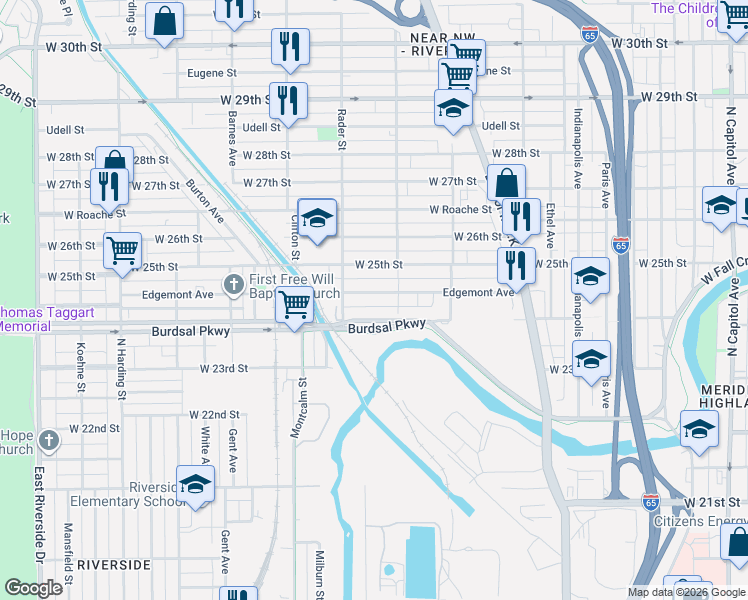 map of restaurants, bars, coffee shops, grocery stores, and more near 914 Burdsal Parkway in Indianapolis