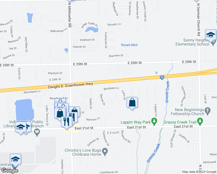 map of restaurants, bars, coffee shops, grocery stores, and more near 10238 Baribeau Lane in Indianapolis