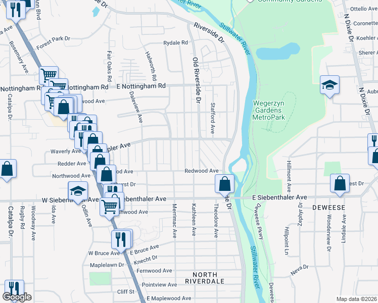 map of restaurants, bars, coffee shops, grocery stores, and more near 23 Fer Don Road in Dayton