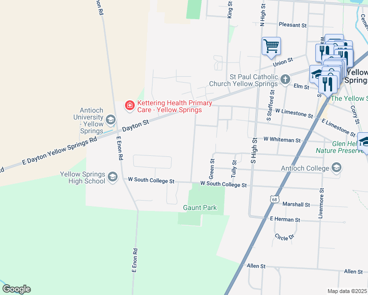 map of restaurants, bars, coffee shops, grocery stores, and more near 760 Wright Street in Yellow Springs