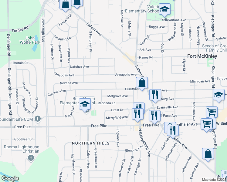 map of restaurants, bars, coffee shops, grocery stores, and more near 4182 Curundu Avenue in Dayton