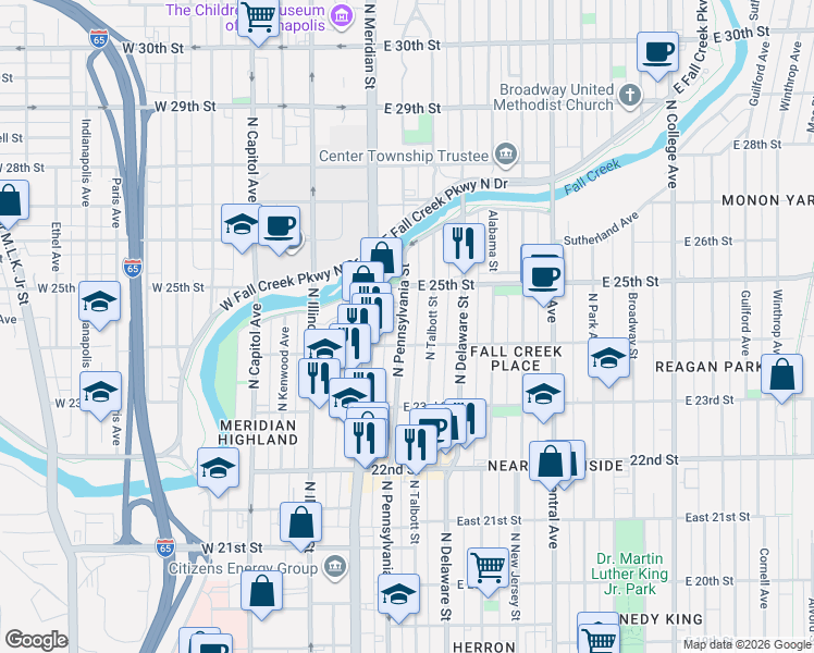 map of restaurants, bars, coffee shops, grocery stores, and more near 2363 North Pennsylvania Street in Indianapolis