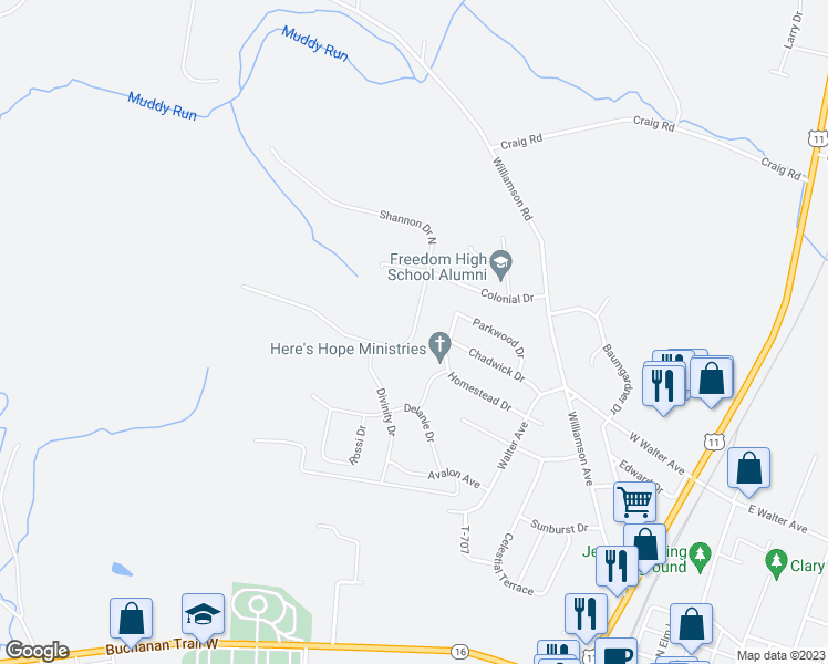 map of restaurants, bars, coffee shops, grocery stores, and more near Shannon DR S in Greencastle