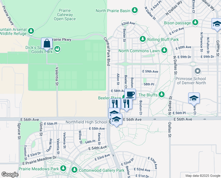 map of restaurants, bars, coffee shops, grocery stores, and more near 5806 Central Park Boulevard in Denver