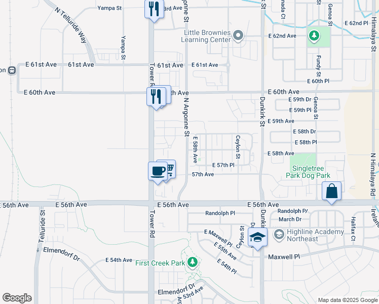 map of restaurants, bars, coffee shops, grocery stores, and more near 5770 Argonne Street in Denver