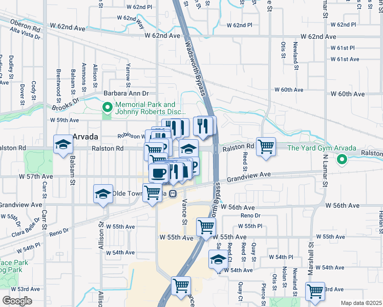 map of restaurants, bars, coffee shops, grocery stores, and more near 5750 Upham Street in Arvada