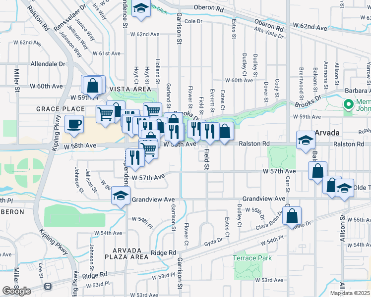 map of restaurants, bars, coffee shops, grocery stores, and more near 5747 Falk Court in Arvada