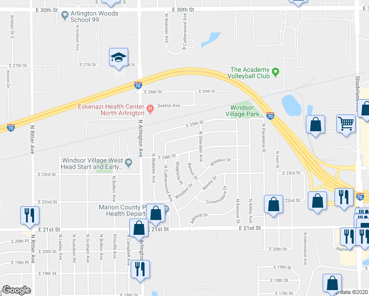 map of restaurants, bars, coffee shops, grocery stores, and more near 6137 East 24th Street in Indianapolis