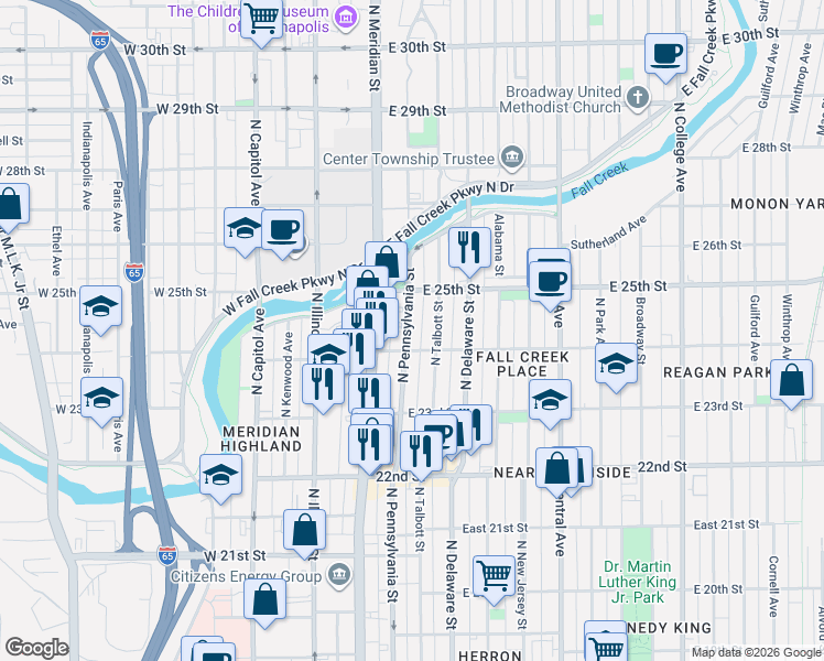 map of restaurants, bars, coffee shops, grocery stores, and more near 2363 North Pennsylvania Street in Indianapolis