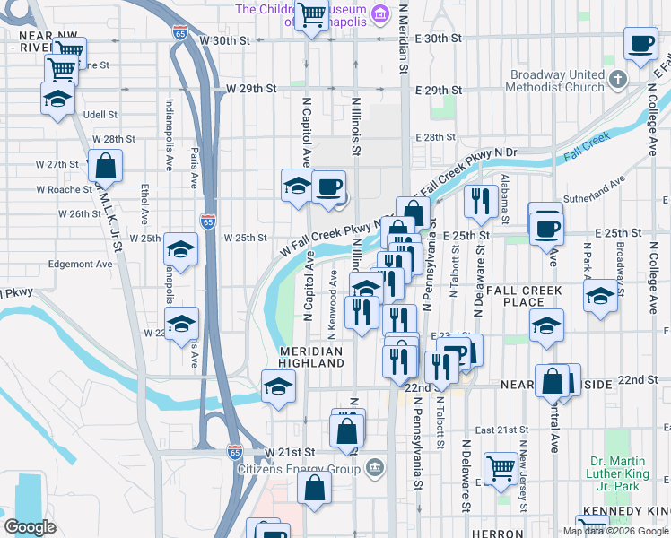 map of restaurants, bars, coffee shops, grocery stores, and more near 2401 North Kenwood Avenue in Indianapolis