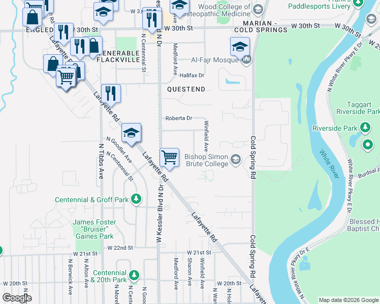 map of restaurants, bars, coffee shops, grocery stores, and more near 2403 Sharon Avenue in Indianapolis