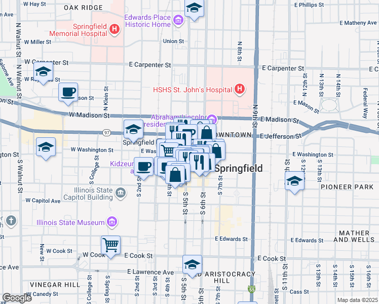 map of restaurants, bars, coffee shops, grocery stores, and more near 1 North Old State Capitol Plaza in Springfield
