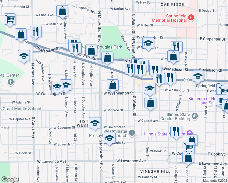 map of restaurants, bars, coffee shops, grocery stores, and more near 109 South State Street in Springfield