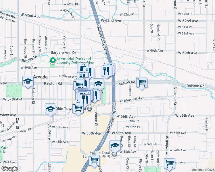 map of restaurants, bars, coffee shops, grocery stores, and more near 5743 Teller Street in Arvada