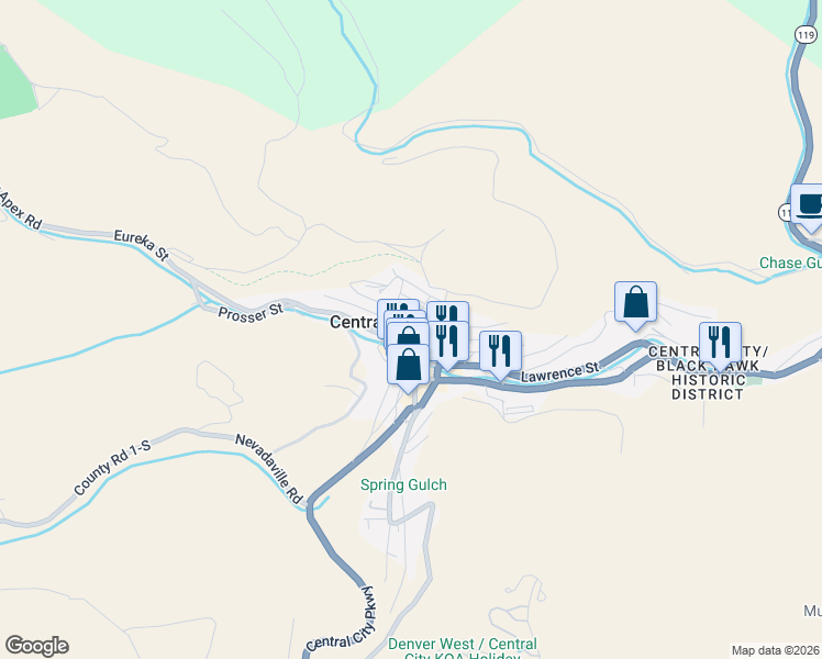 map of restaurants, bars, coffee shops, grocery stores, and more near 111 Eureka Street in Central City