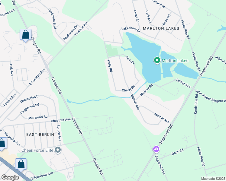 map of restaurants, bars, coffee shops, grocery stores, and more near 355 Holly Road in Evesham Township