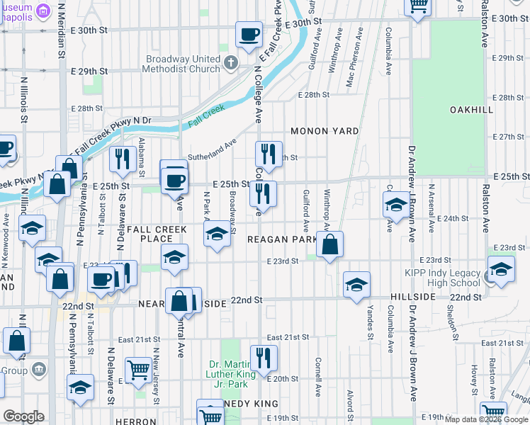 map of restaurants, bars, coffee shops, grocery stores, and more near 2356 North College Avenue in Indianapolis