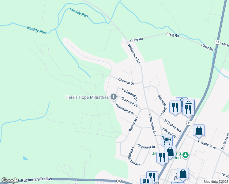 map of restaurants, bars, coffee shops, grocery stores, and more near 101 Homestead Drive in Greencastle