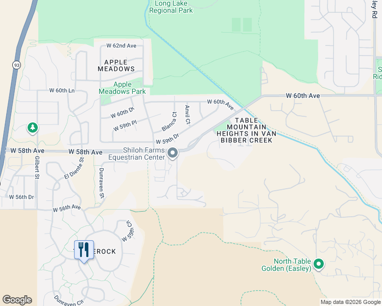 map of restaurants, bars, coffee shops, grocery stores, and more near 18437 West 58th Drive in Golden