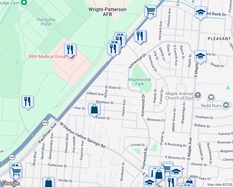 map of restaurants, bars, coffee shops, grocery stores, and more near 257 State Street in Fairborn