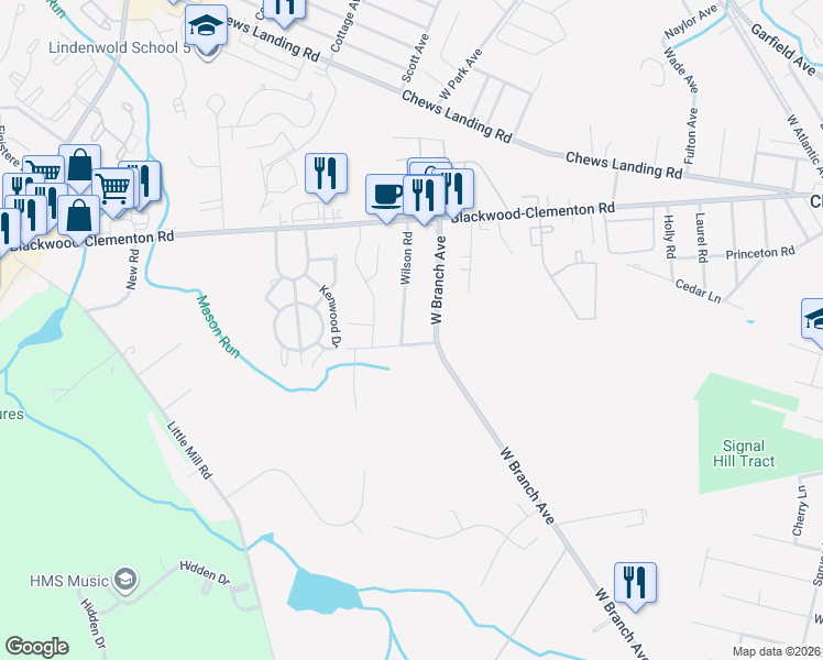 map of restaurants, bars, coffee shops, grocery stores, and more near 30 Wilson Road in Pine Hill