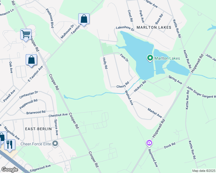 map of restaurants, bars, coffee shops, grocery stores, and more near 355 Holly Road in Evesham Township