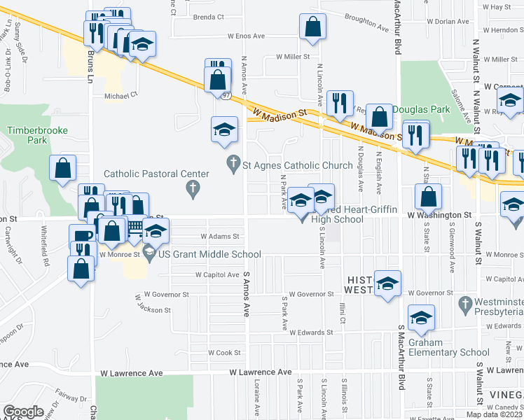map of restaurants, bars, coffee shops, grocery stores, and more near 1312 Mossman Avenue in Springfield